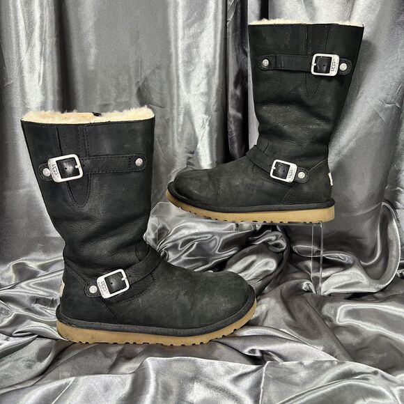 UGG Women Sutter Moto Boots 1005374 Sz 4 US/34 EU Black Leather Buckle Zip Boots - Picture 1 of 17